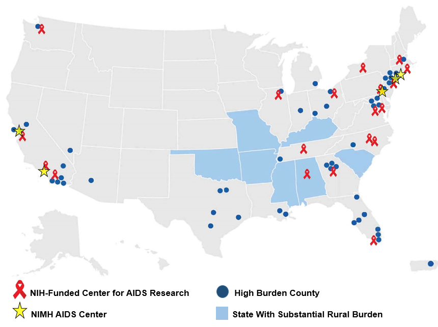 Map of the United States showing the locations of the 48 highest burden counties, Washington D.C., San Juan, PR, and 7 states with substantial rural HIV burden. More info at the link below.